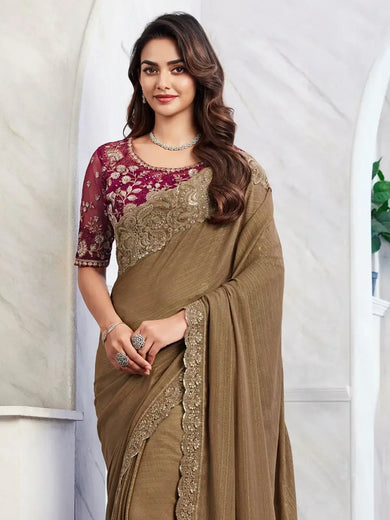 Magnetic Brown Embroidered Silk Reception Wear Saree With Blouse